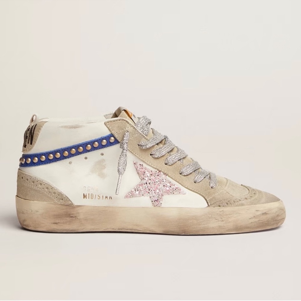 Golden Goose Mid-Star White, Beige & Pink Glitter High-Top Sneakers